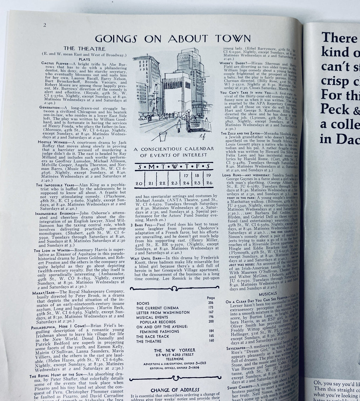 Interior page of The New Yorker Magazine March 19, 1966 displaying the 'Goings On About Town' section, featuring a calendar of events and stylish urban illustrations.