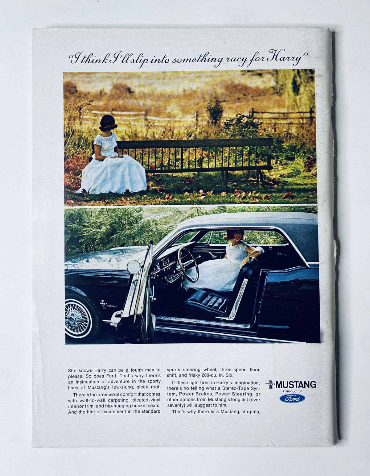 Illustrated interior cover of The New Yorker magazine from March 19, 1966, featuring a vintage advertisement depicting a woman in a white dress sitting in a car and a serene outdoor scene, alongside the text 'I think I'll slip into something racy for Harry'.