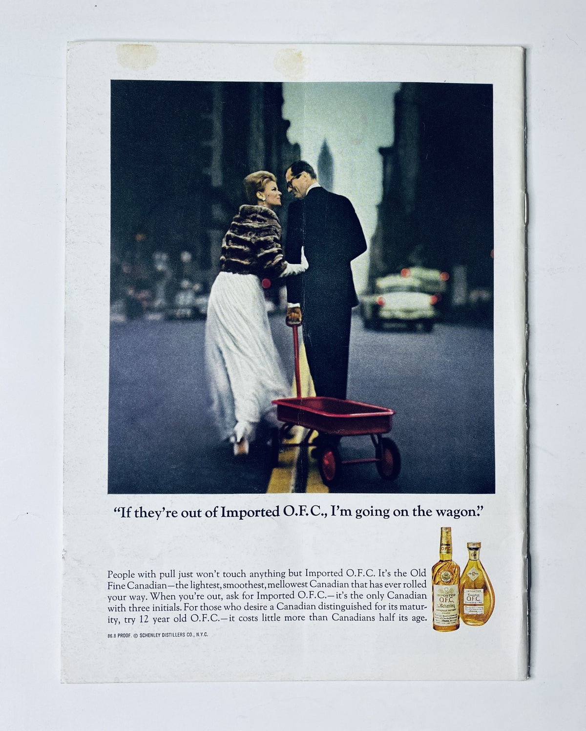 Back cover of The New Yorker Magazine July 2, 1966, displaying an advertisement for Imported O.F.C. whiskey, featuring an elegant couple, with the tagline discussing the quality of the Canadian whiskey.