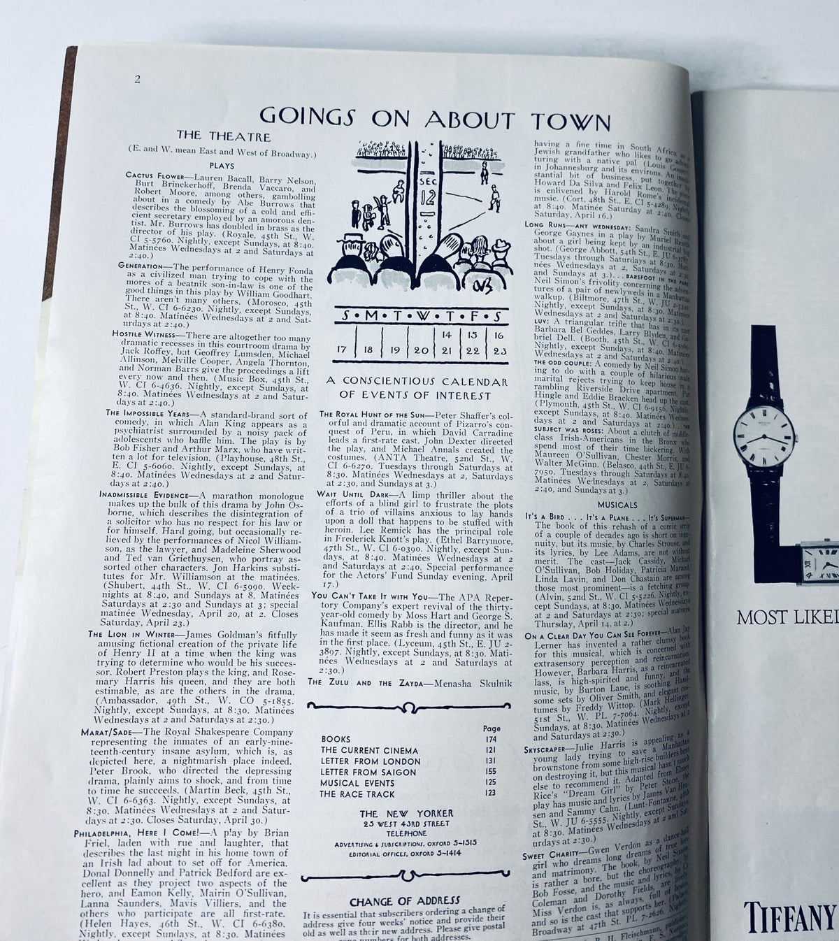 Goings On About Town section from The New Yorker Magazine April 16, 1966 Cartoon Car Road Trip Cover C. D. Saxon, showcasing events of interest with a consicientious calendar layout.