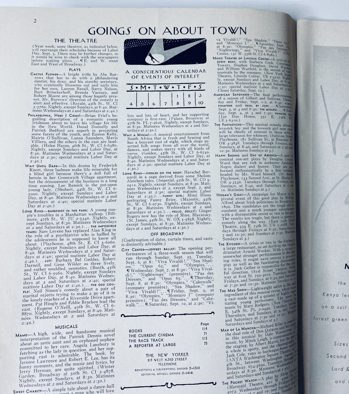 Inside page of The New Yorker Magazine from September 3, 1966, showcasing the events calendar titled 'Goings On About Town'.