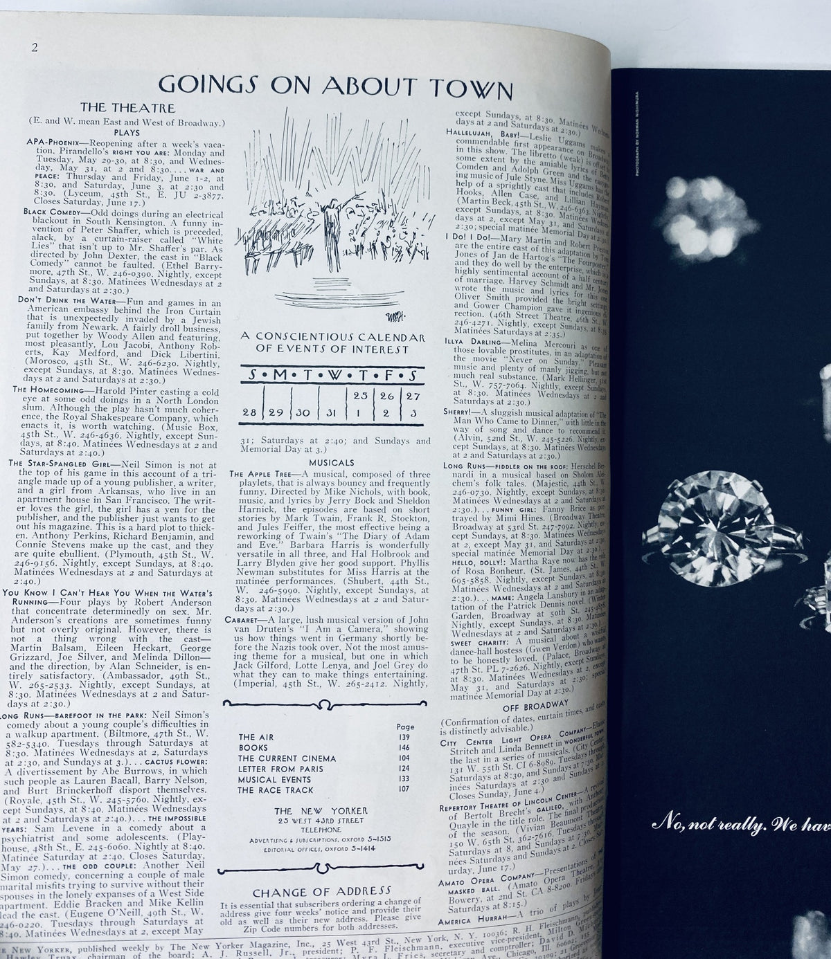 An interior page from The New Yorker Magazine May 27, 1967, displaying the 'Goings On About Town' column, featuring listings for events and the arts.