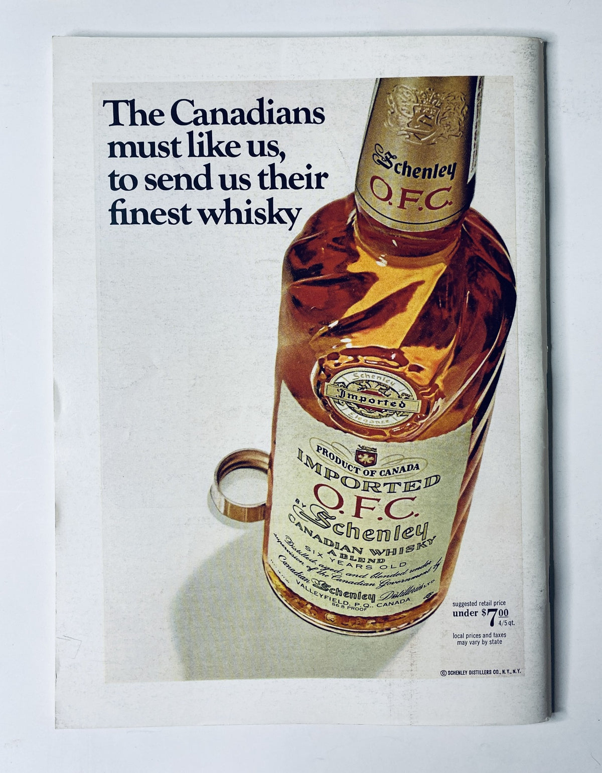An advertisement for Canadian whisky from the June 3, 1967 issue of The New Yorker Magazine, featuring a bottle of Chenley OFC whisky. The image promotes the idea that Canadians send their finest whisky.