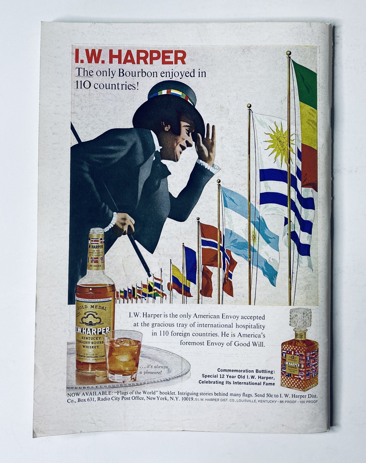 I.W. Harper bourbon advertisement from The New Yorker Magazine dated March 11, 1967. Features a lively illustration with a man wearing a top hat, promoting bourbon enjoyed in 110 countries. This collectible magazine cover adds historical value to any collection.