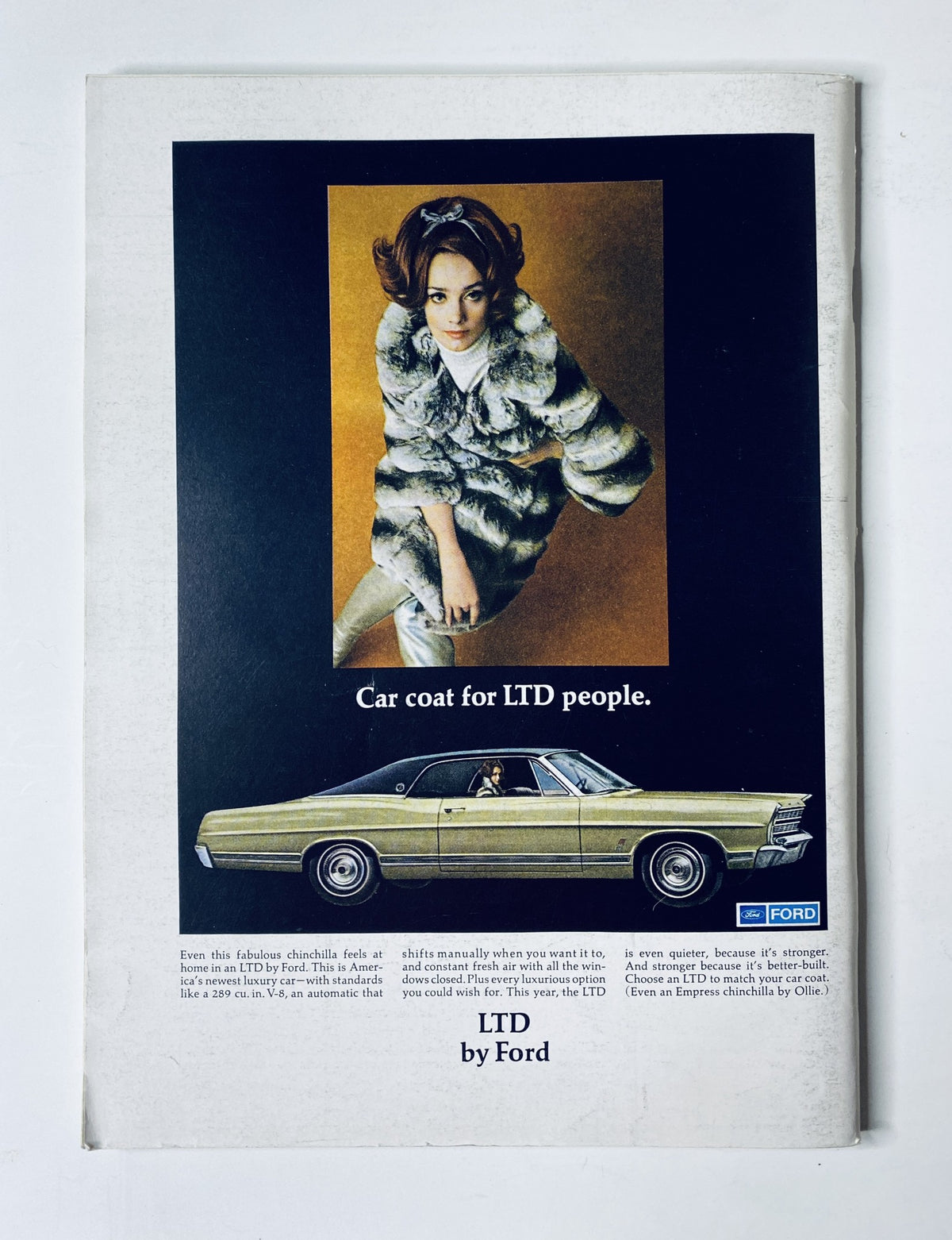 Advertisement for a car coat for LTD people from Ford, featuring a stylish model and a vintage Ford LTD car, from The New Yorker Magazine April 15, 1967.