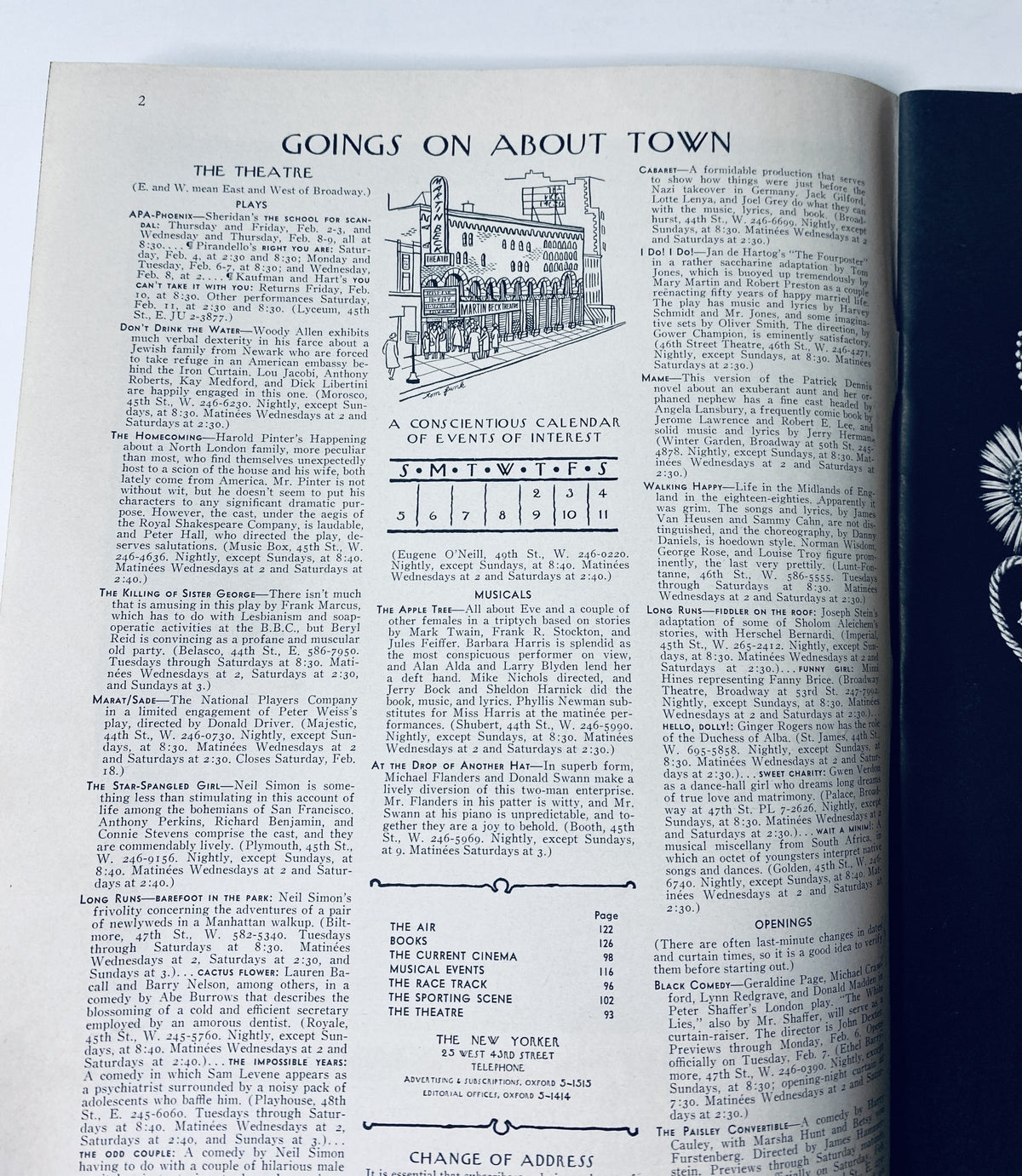 Interior page of The New Yorker Magazine February 4, 1967 showcasing the 'Goings On About Town' section with a detailed calendar of events.