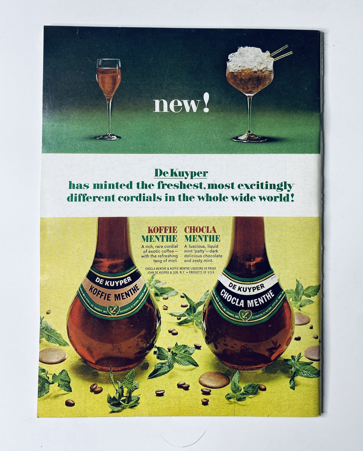 Ad page from The New Yorker Magazine February 4, 1967 featuring De Kuyper cordials with an eye-catching design highlighting Koffie and Choca Menthe flavors.