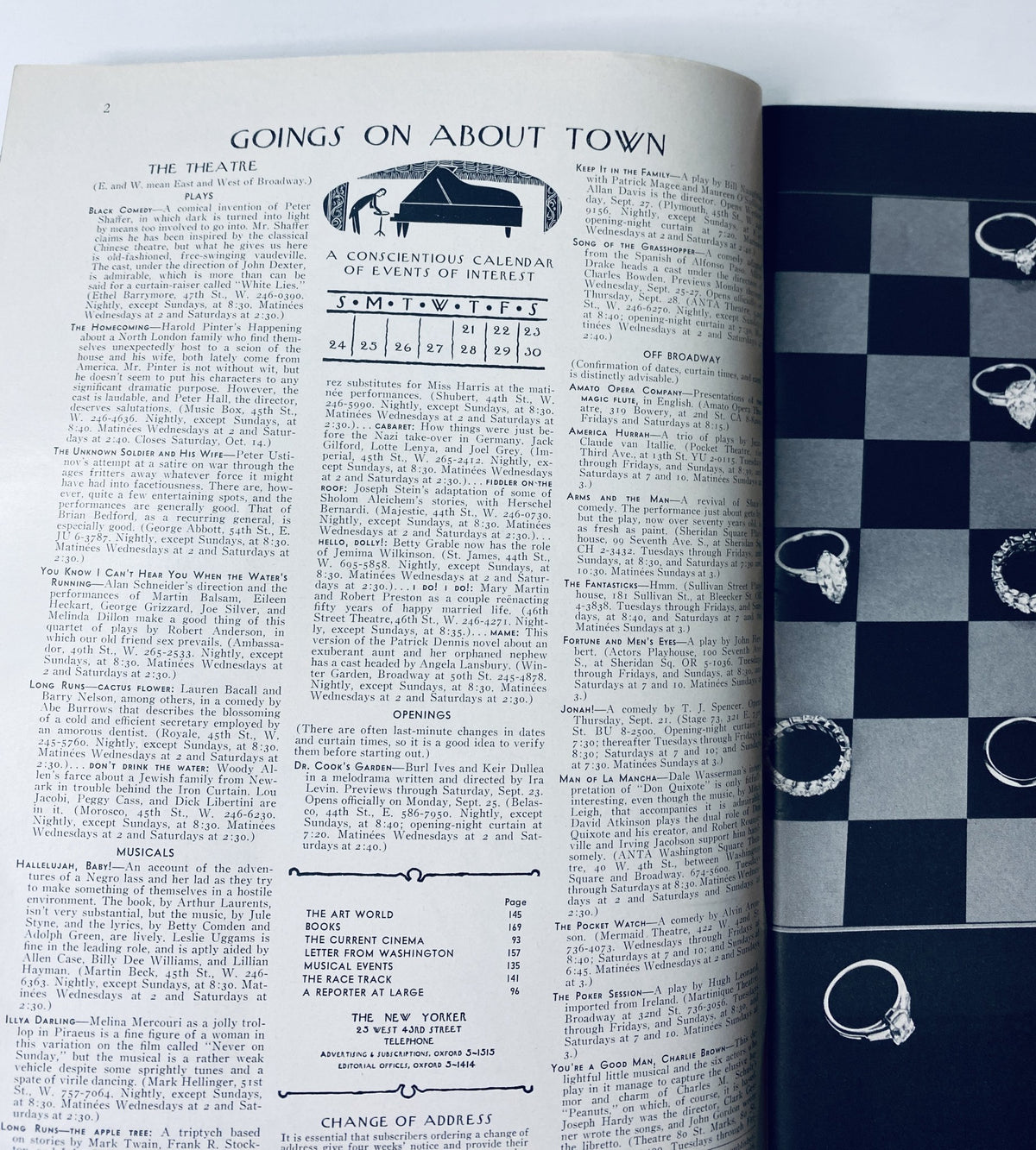 The New Yorker Magazine September 23, 1967 interior page titled 'Goings On About Town,' highlighting a calendar of events with advertisements and visual elements.