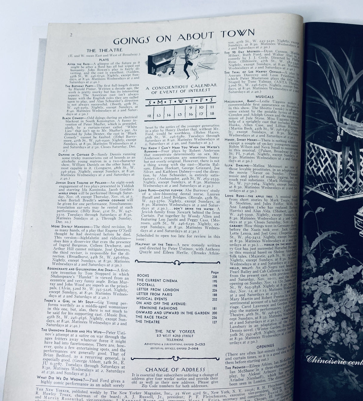 Interior page from The New Yorker Magazine November 11, 1967 showcasing the 'Goings On About Town' section highlighting cultural events.
