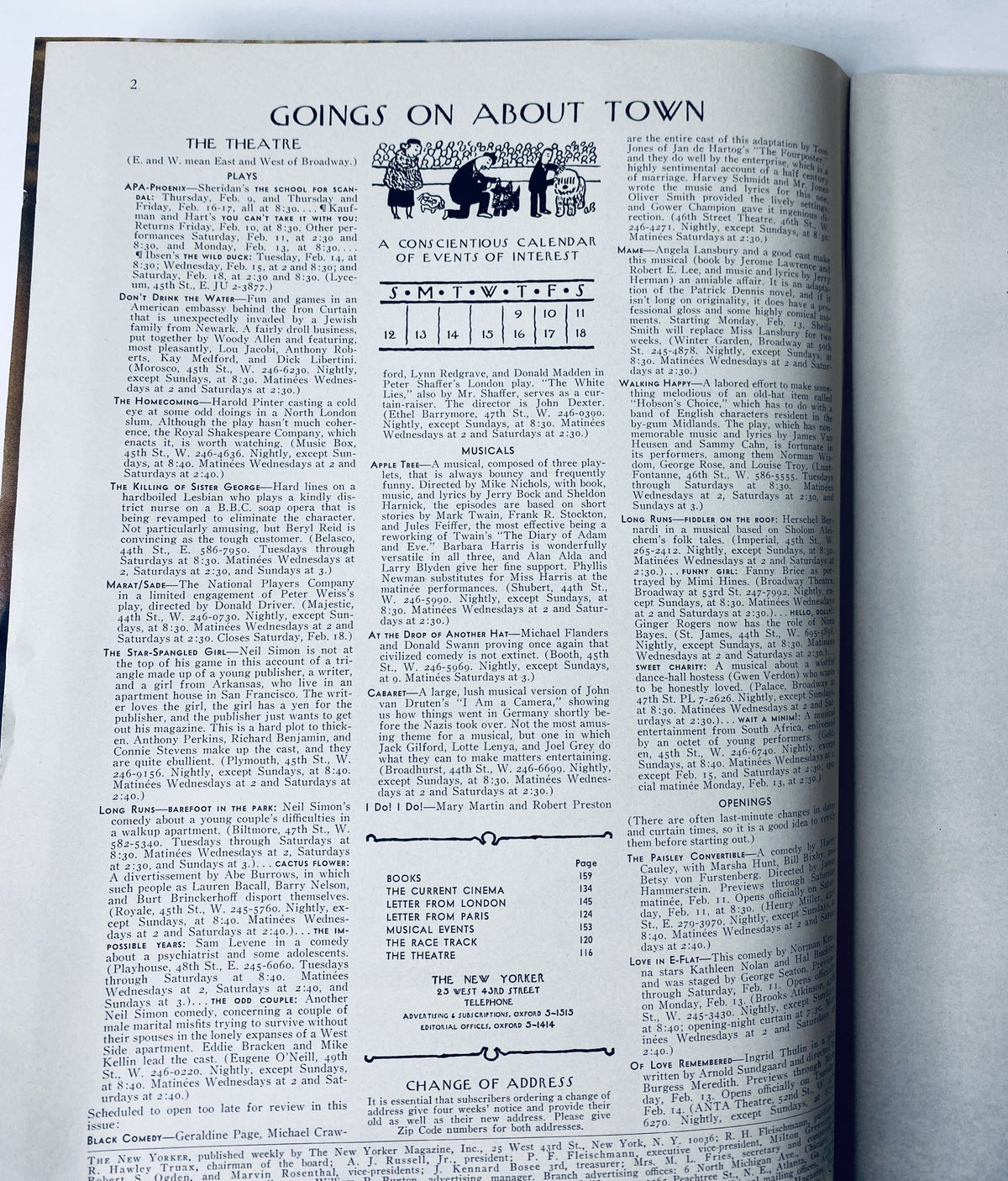 The New Yorker Magazine February 11, 1967 Valentine Hearts Cover A. Kovarsky, showcasing a page titled 'Goings on About Town' with a calendar of events and activities related to the New York theatre scene.