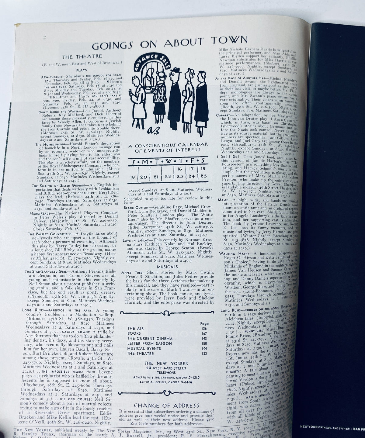 Interior page of The New Yorker Magazine February 18, 1967, showing the 'Goings On About Town' section with a calendar of events of interest, reflecting the magazine's cultural commentary.