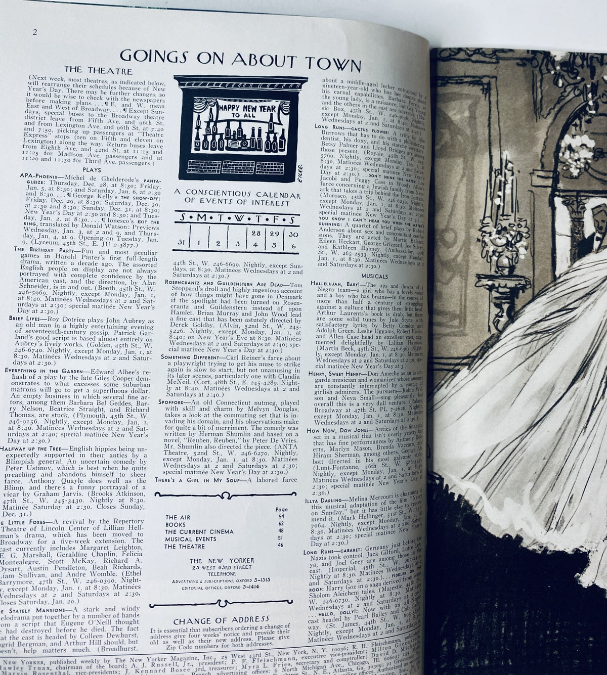 Interior page of The New Yorker Magazine December 30, 1967, displaying the events calendar titled 'Goings On About Town', including theater and cinema listings.