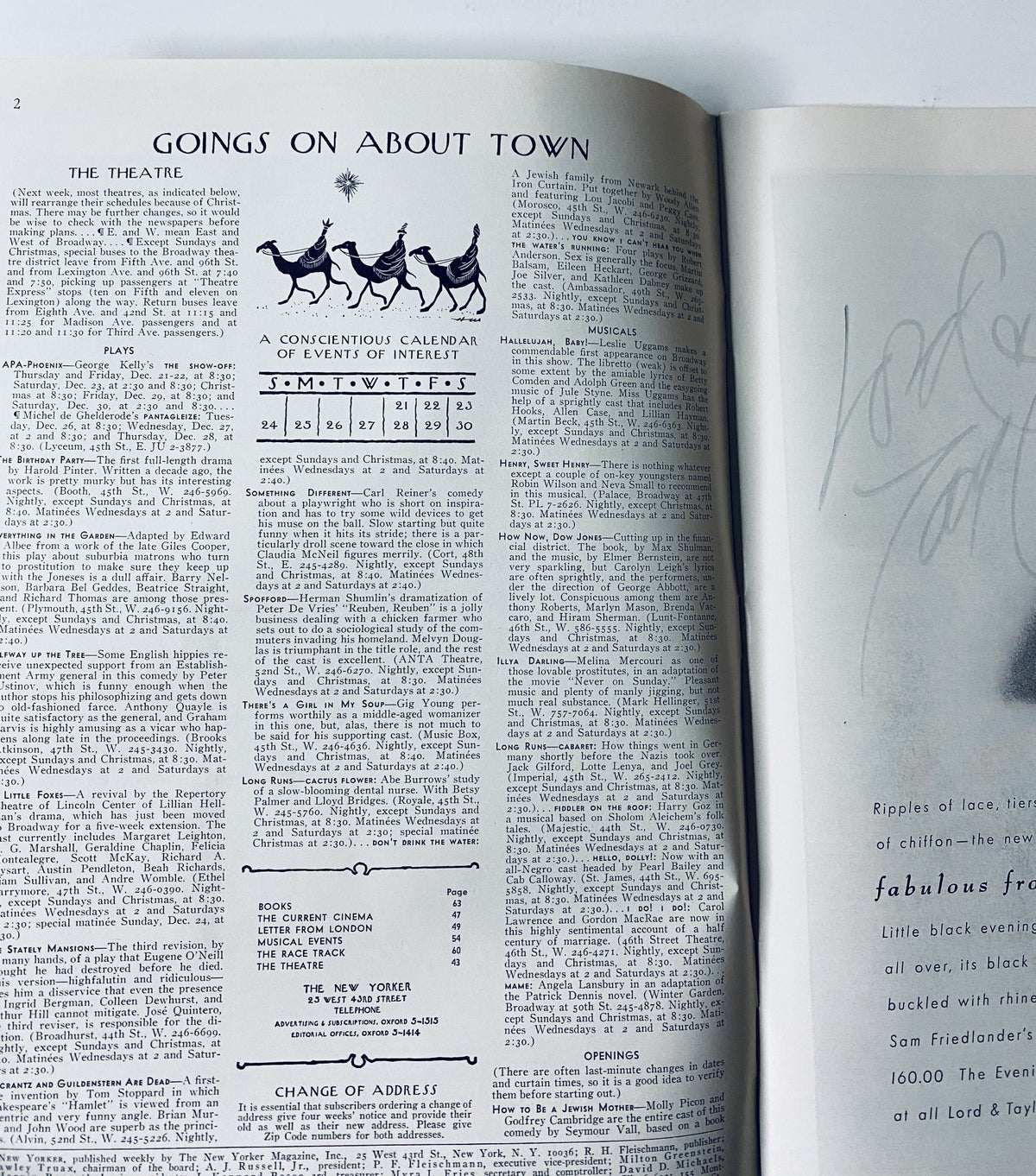 An interior page from The New Yorker Magazine December 23, 1967, displaying the 'Goings On About Town' section, showcasing events and activities in New York. A great depiction of vintage magazine content.