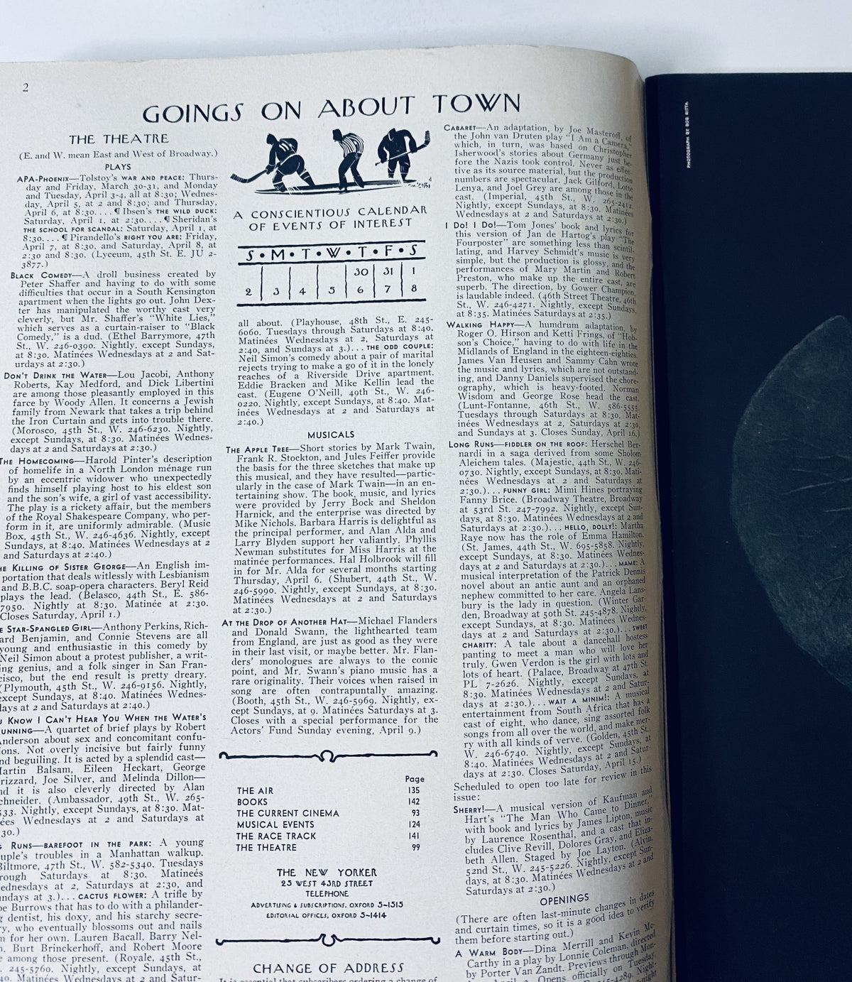 Interior page of The New Yorker Magazine April 1, 1967 displaying the 'Goings On About Town' section with a calendar of events and content on the theatre.