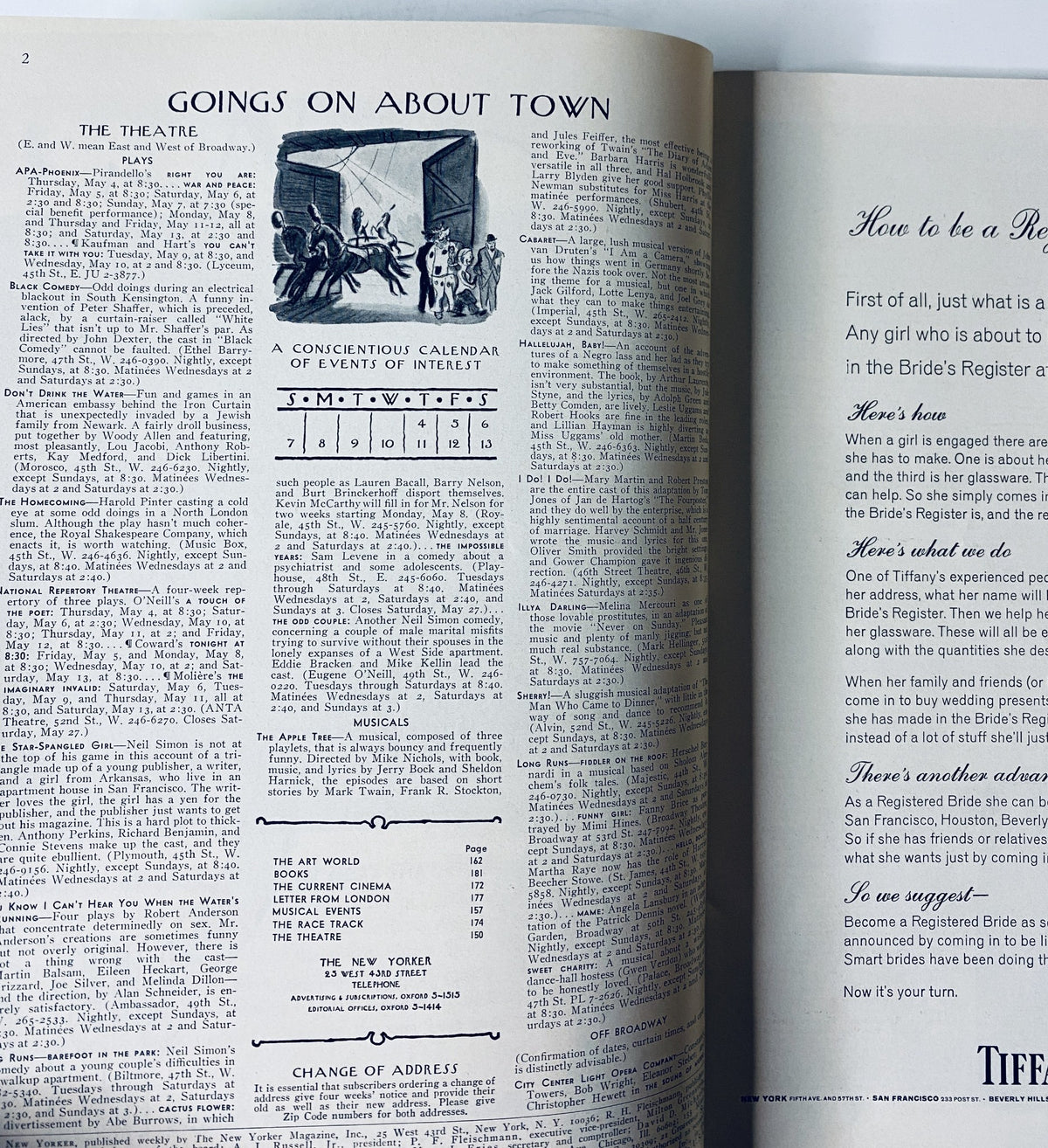 Interior page of The New Yorker Magazine from May 6, 1967 highlighting the 'Goings On About Town' section, featuring a calendar of events including theater and musical events.
