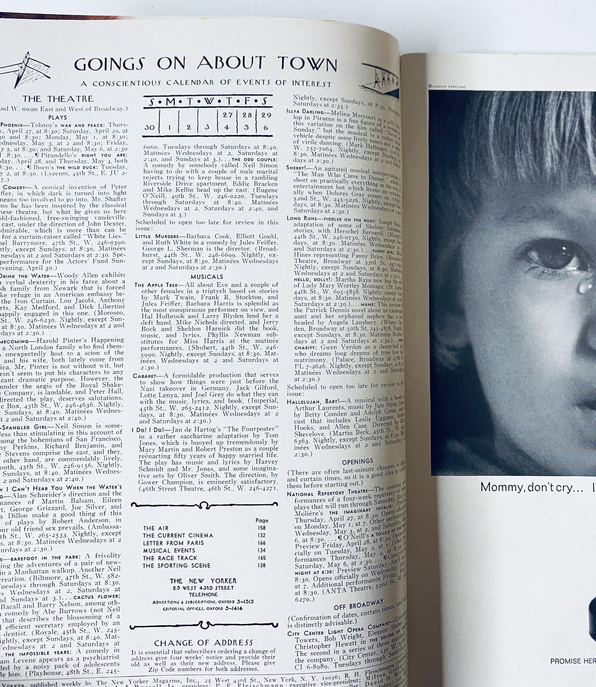 Inside page of The New Yorker Magazine April 29, 1967 showcasing 'Goings On About Town' with a calendar of events, representing the magazine's editorial style.