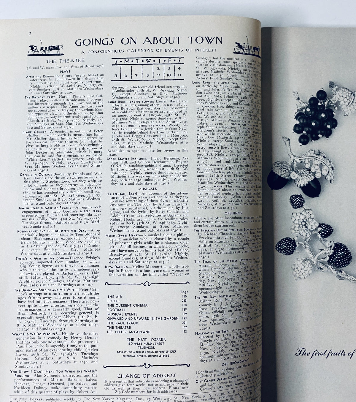 Inside page of The New Yorker Magazine from November 4, 1967 showcasing the 'Goings On About Town' section with a detailed calendar of events and a list of cultural happenings.