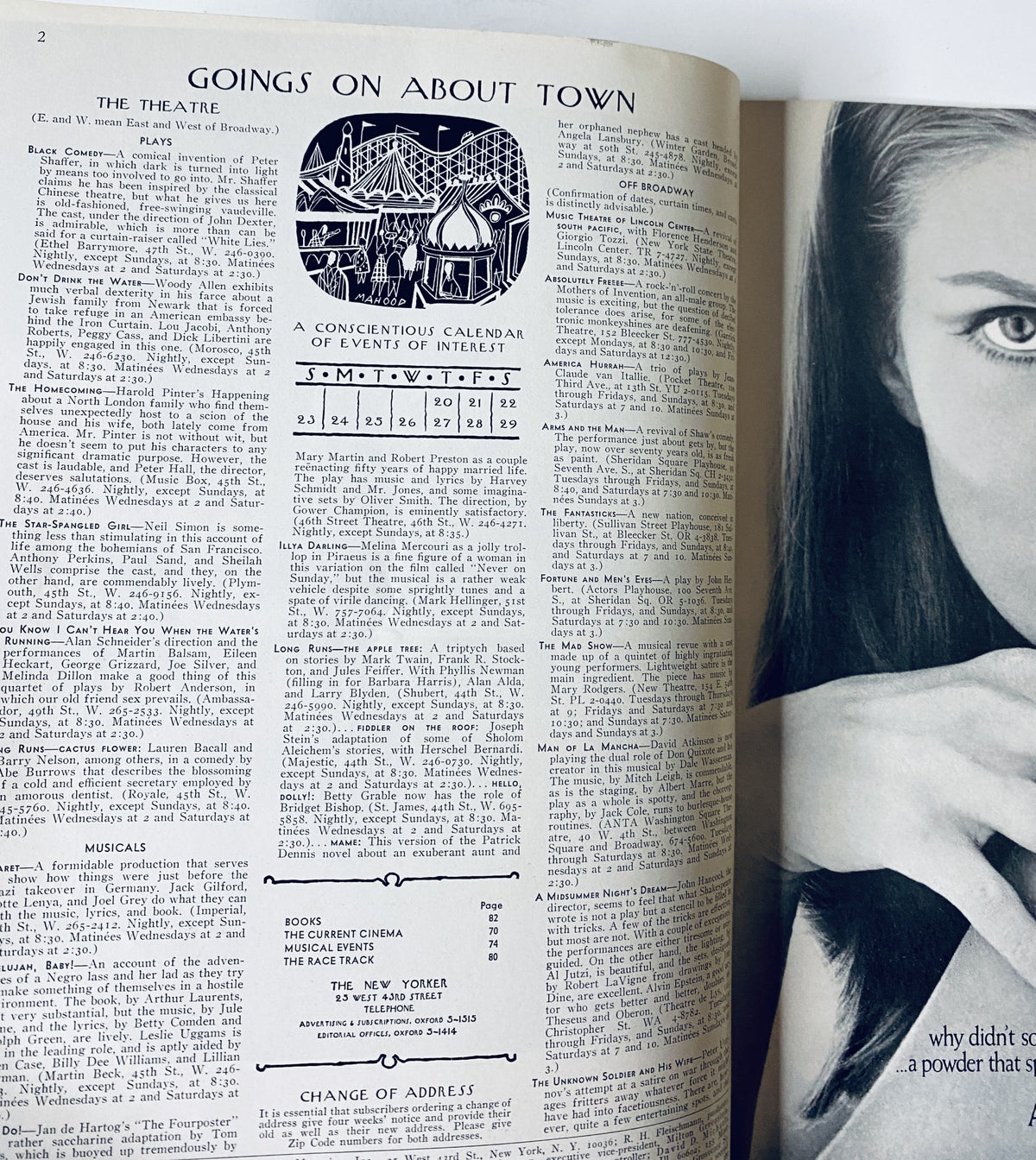 Inside page of The New Yorker Magazine July 22, 1967, including the 'Goings On About Town' section with event listings and an elegant black and white photograph of a woman.
