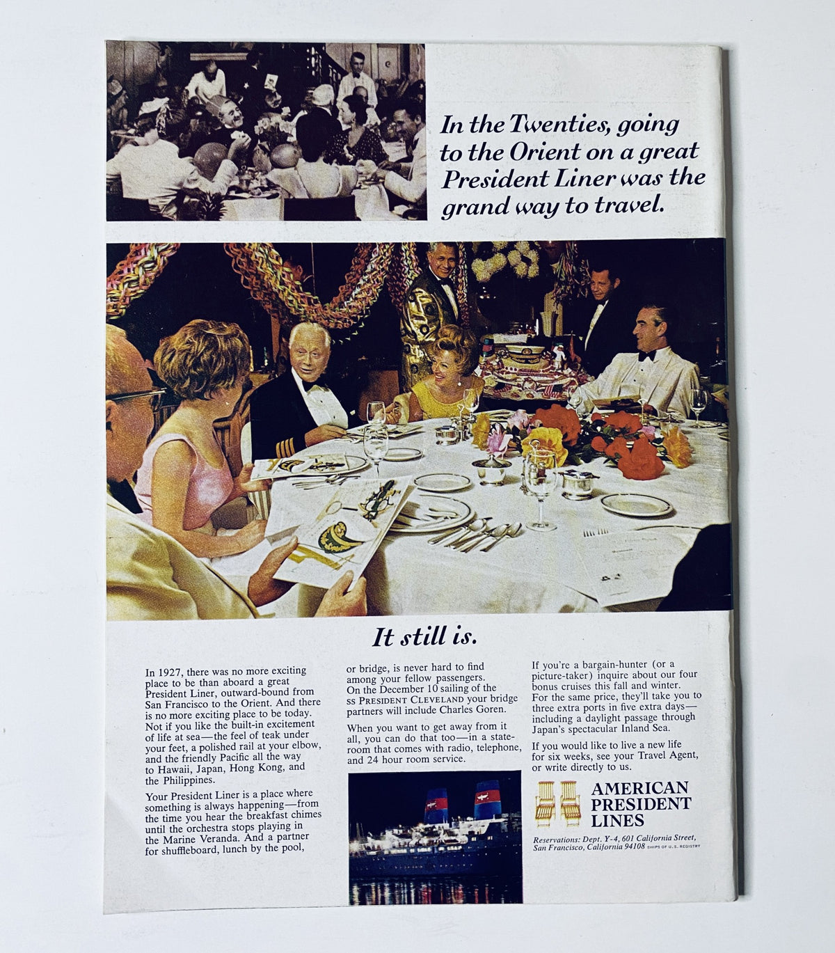Back page advertisement from The New Yorker Magazine July 22, 1967, promoting American President Lines travel options with an elegant dining scene.