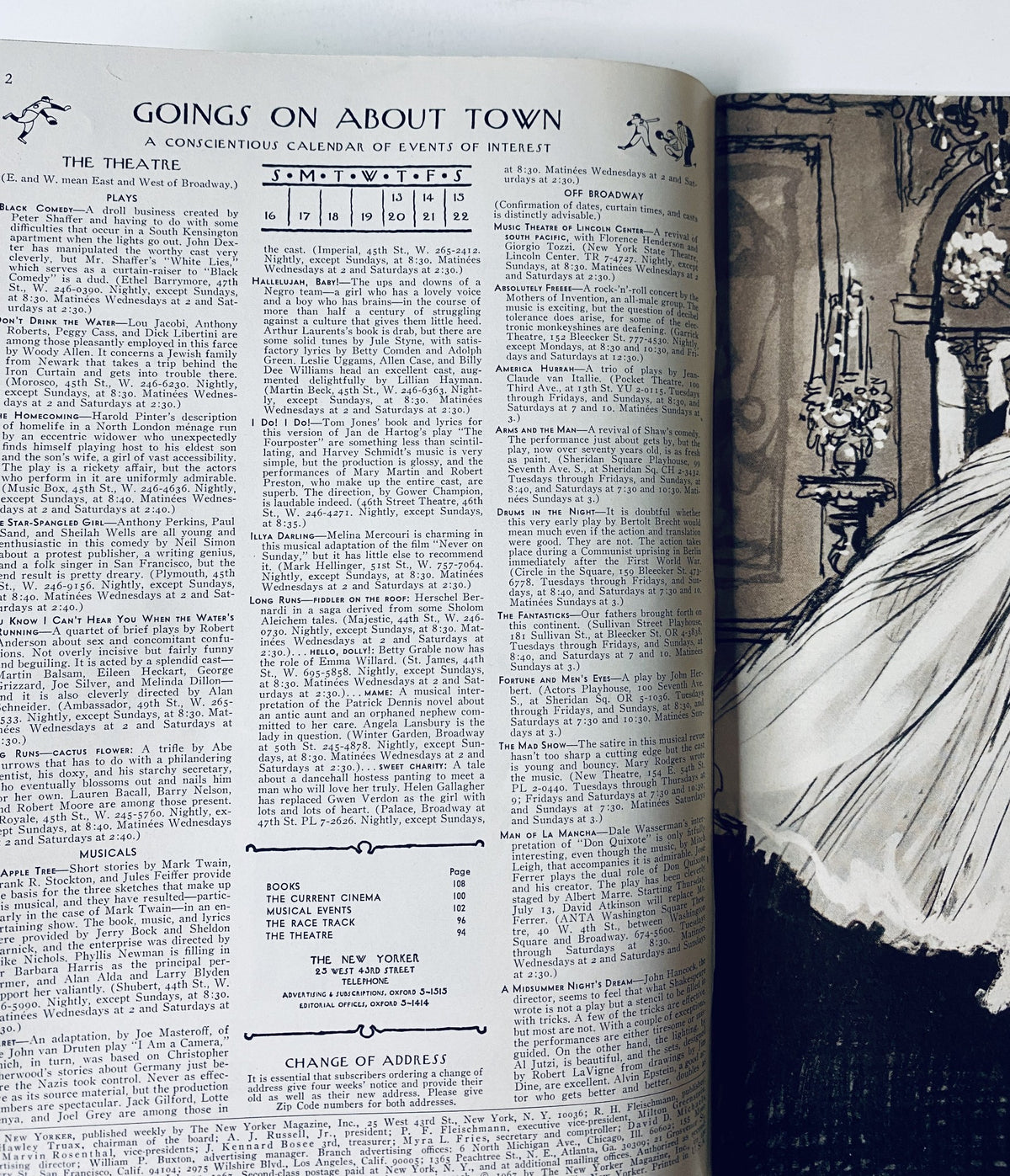 Inside the July 15, 1967 issue of The New Yorker Magazine featuring a calendar of events titled 'Goings On About Town' related to theatre and cultural happenings.