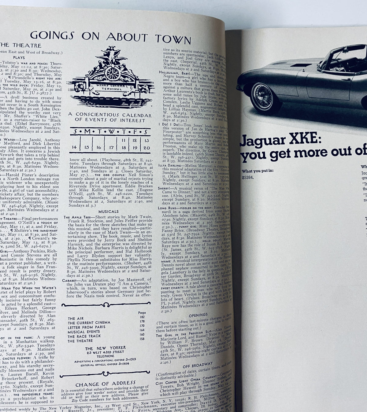 Interior page of The New Yorker Magazine from May 13, 1967, displaying the section 'Goings On About Town' with a calendar of events and an advertisement for the Jaguar XKE.