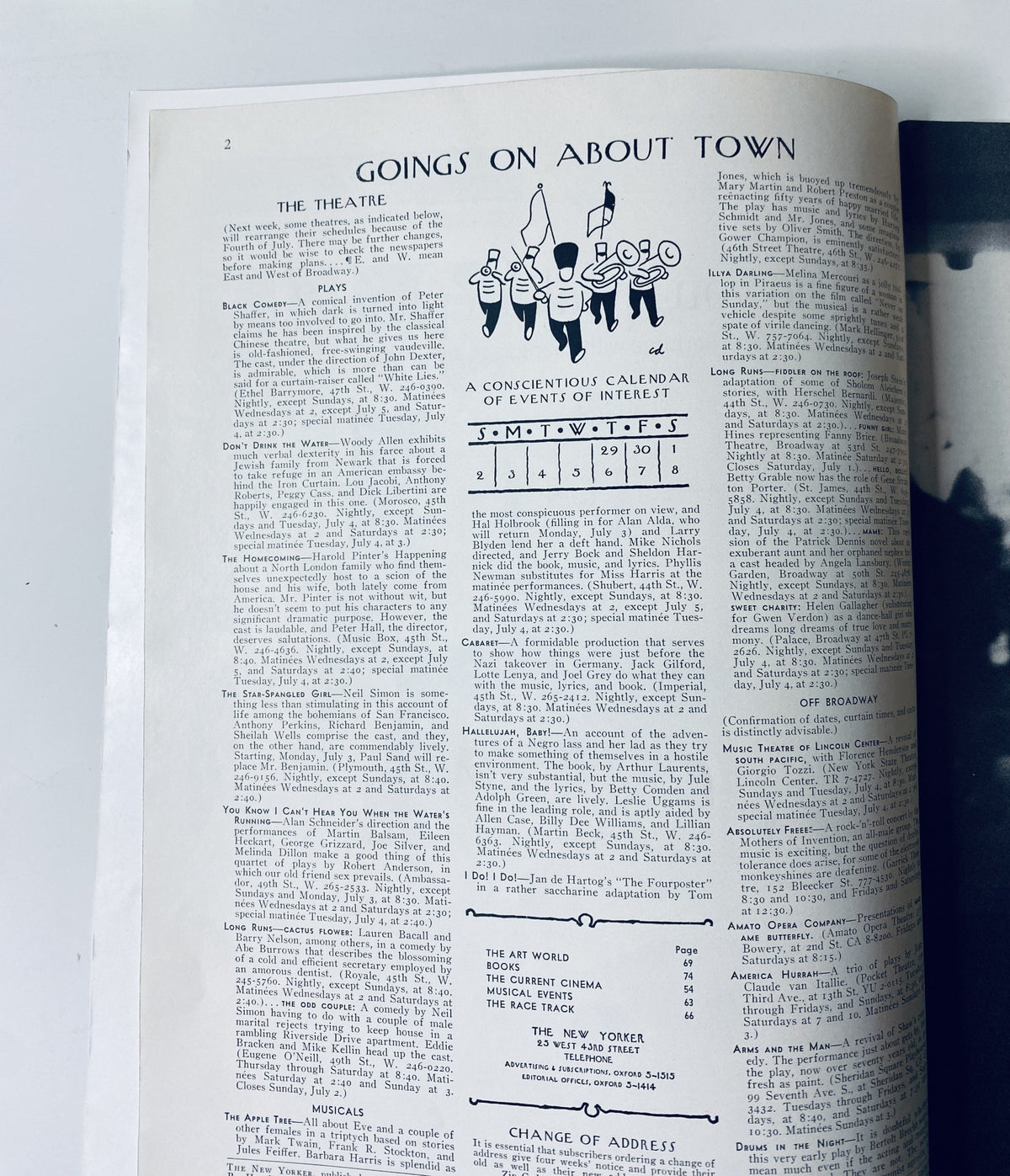 Inside page of The New Yorker Magazine July 1, 1967 - 'Goings On About Town' section detailing upcoming theatrical plays and events in a detailed layout.