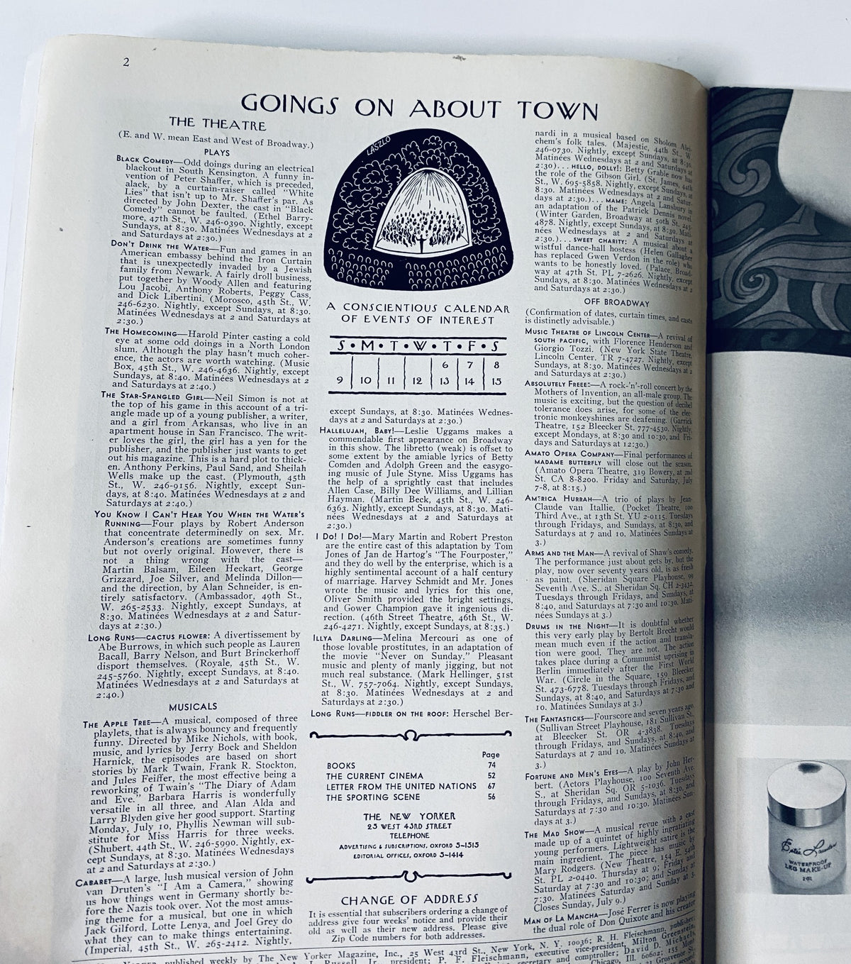Goings On About Town section from The New Yorker Magazine July 8, 1967, featuring a calendar of events and theatrical listings, showcasing the artistic culture of the era.