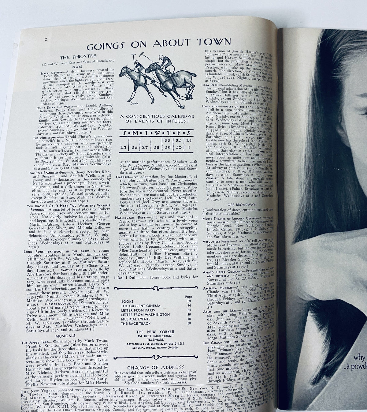 Inside page of The New Yorker Magazine June 24, 1967 displaying event listings and articles, reflecting the cultural life of the time.
