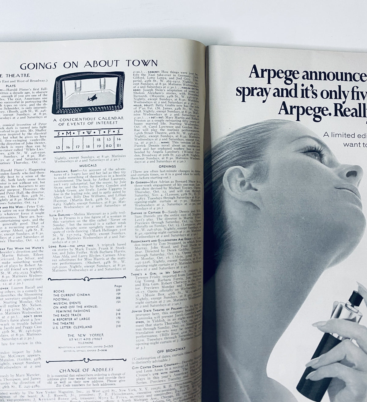 Inside page of The New Yorker Magazine from October 14, 1967, showcasing an advertisement for Arpege perfume alongside a calendar for events and openings.