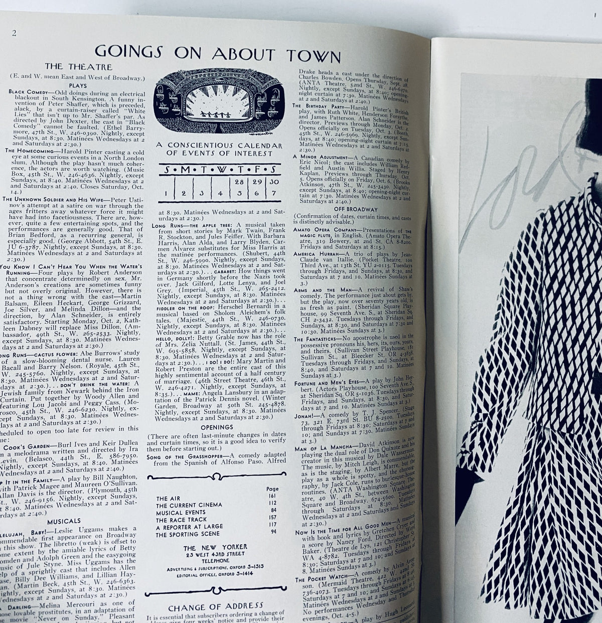 Interior page from The New Yorker Magazine September 30, 1967 featuring 'Goings About Town' section and a detailed calendar of events. The page highlights various cultural and entertainment activities happening in New York.