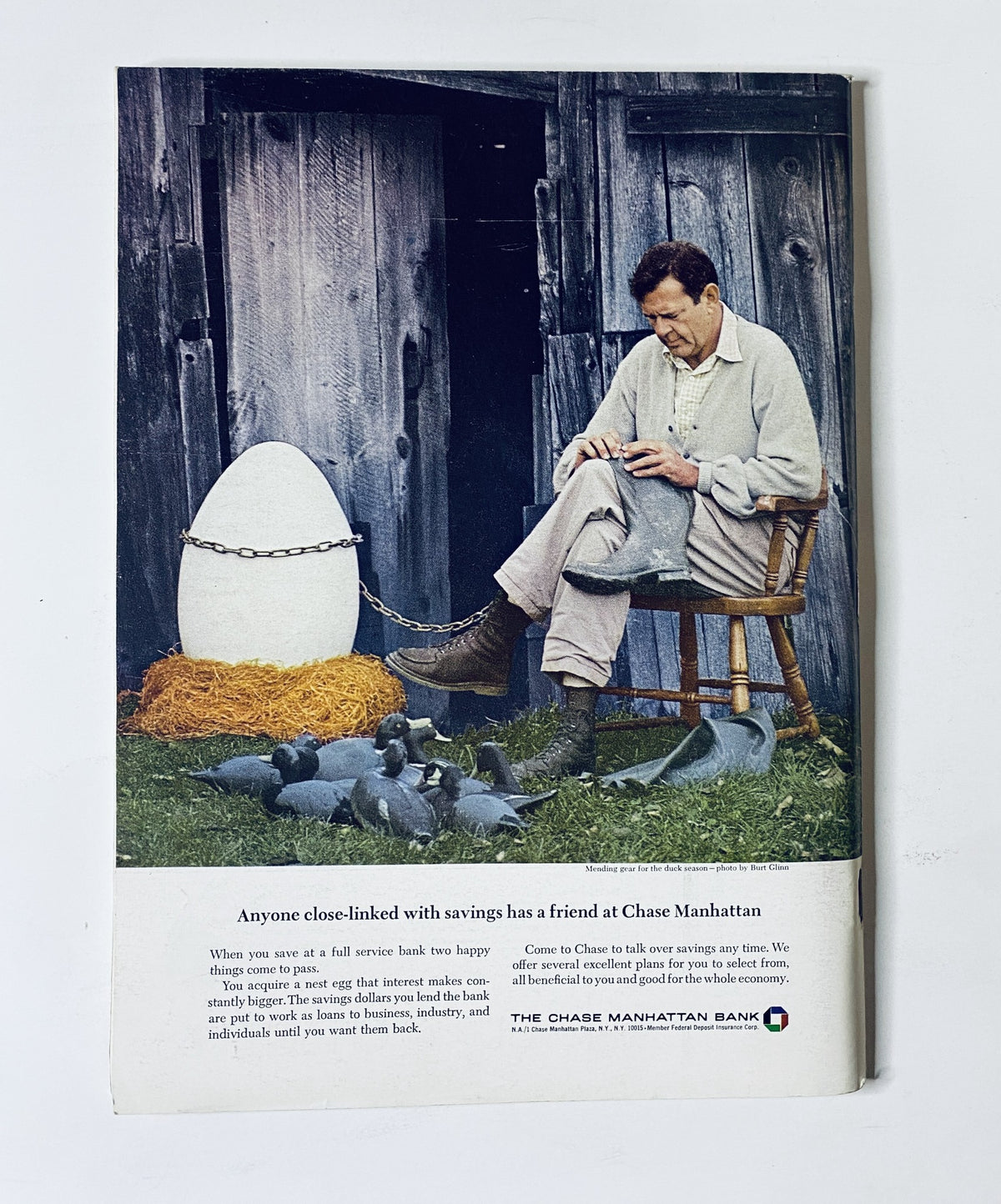 Advertisement from The New Yorker Magazine September 30, 1967 featuring a man sitting next to a large egg in a barn, promoting savings with Chase Manhattan Bank. The image reflects mid-20th century lifestyle and banking themes.