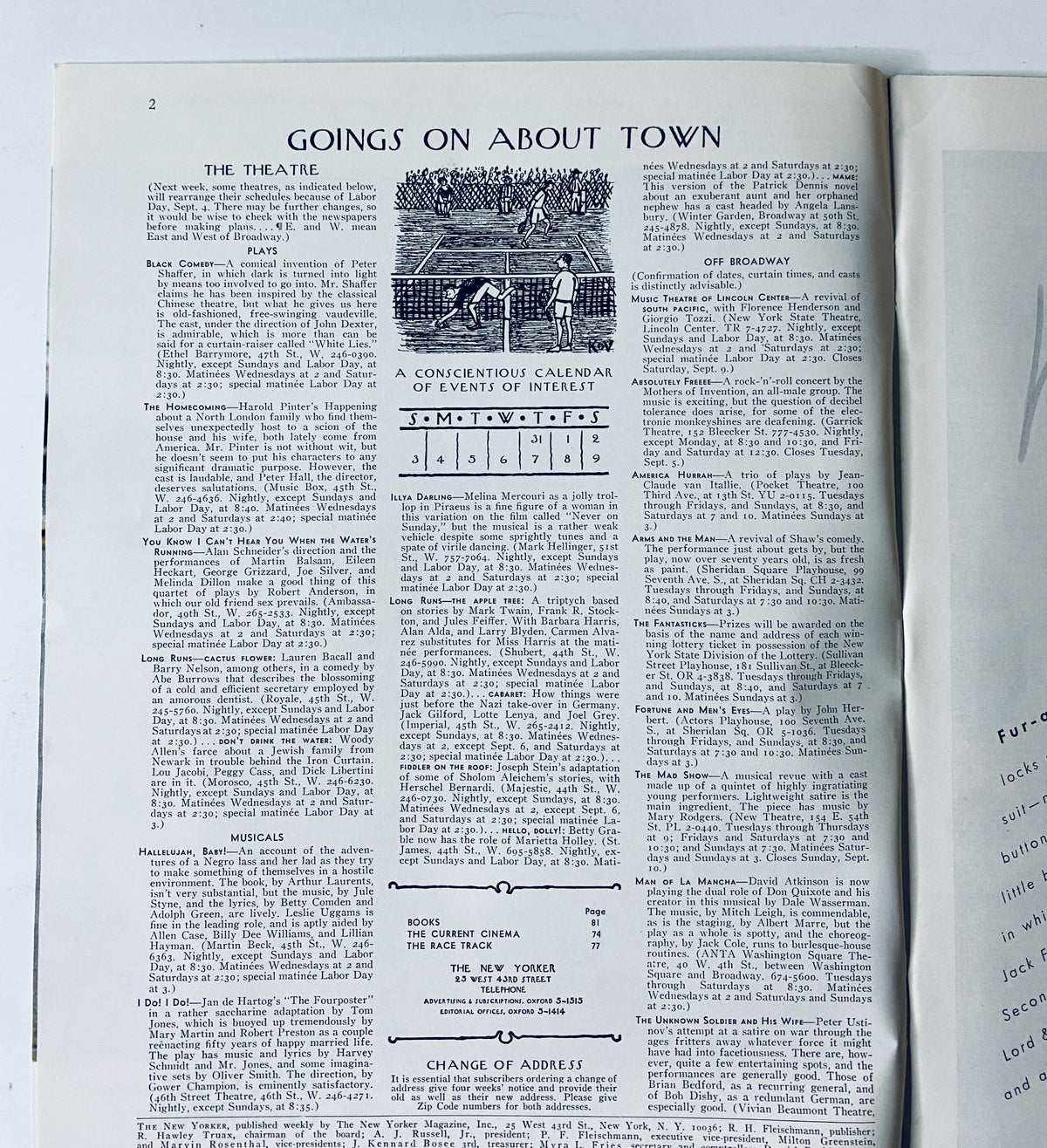 Interior page of The New Yorker Magazine, September 2, 1967, titled 'Goings On About Town', showcasing a calendar of events in the arts and theater.