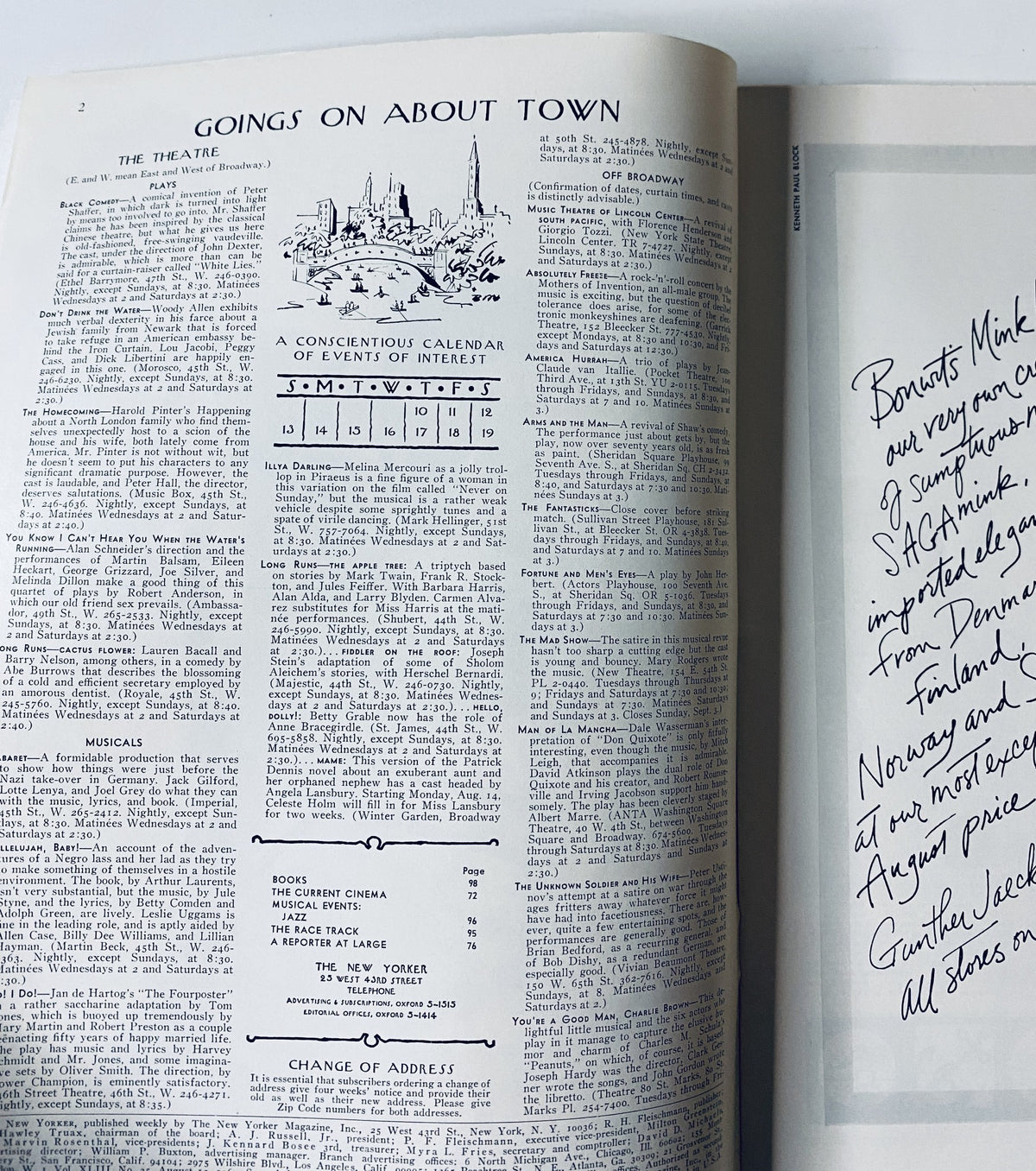 The New Yorker Magazine August 12, 1967 inside page showing 'Goings On About Town' section with a detailed calendar of events, reflecting cultural activities and entertainment options.