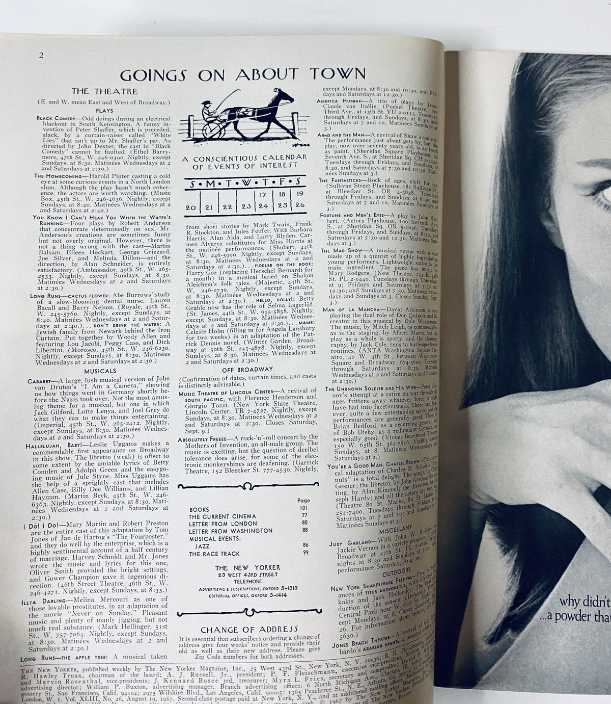 Interior page of The New Yorker Magazine detailing events and cultural happenings titled 'Goings on About Town,' showcasing a calendar and listings.