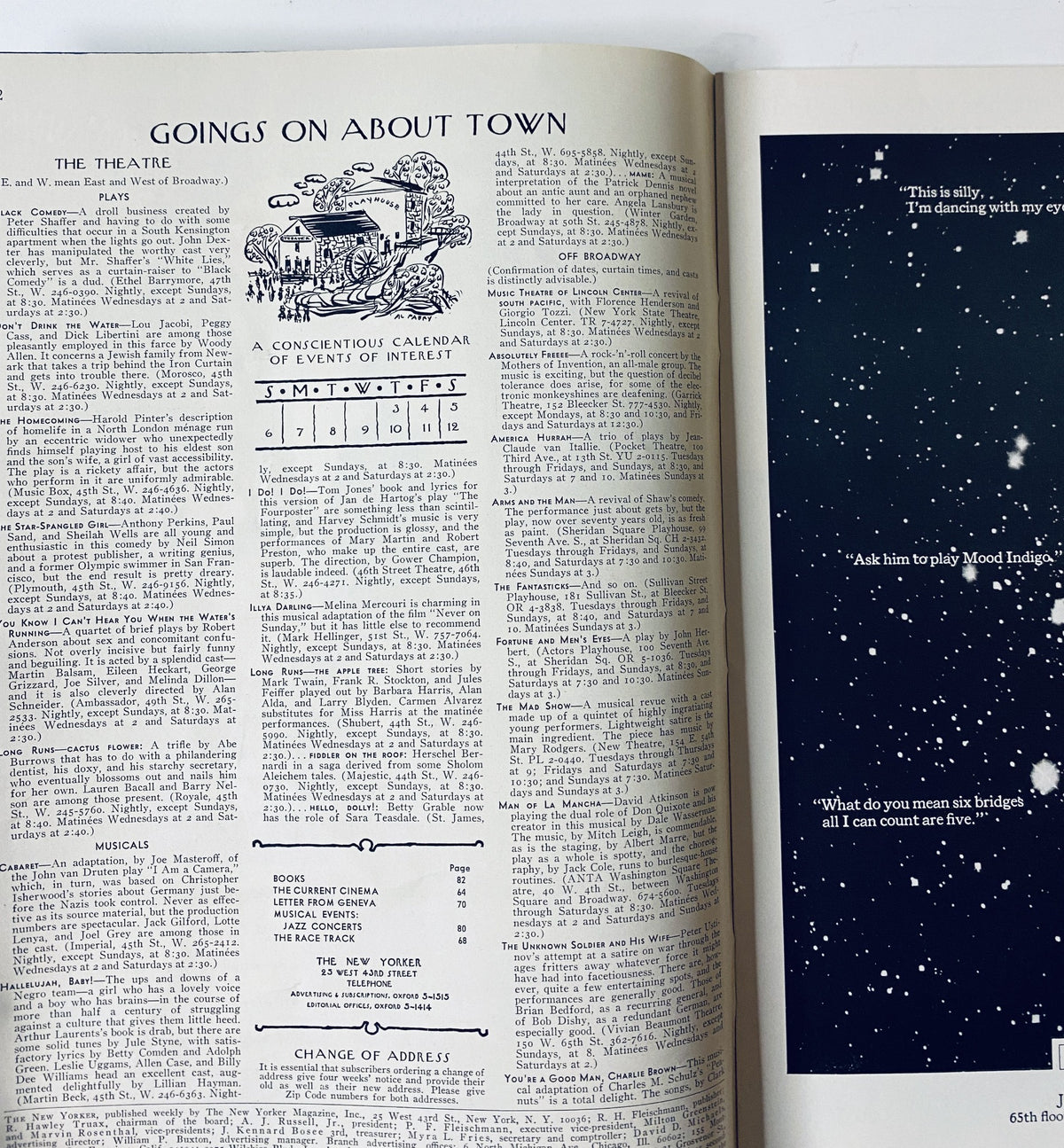 Interior page of The New Yorker Magazine August 5, 1967 showcasing the 'Goings On About Town' section.