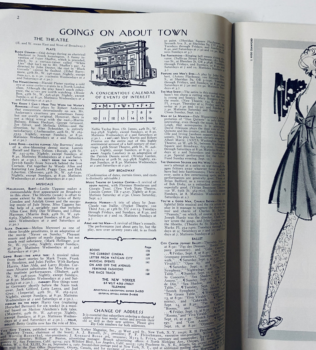 Goings on About Town section from The New Yorker Magazine September 9, 1967, featuring a calendar of events and advertisements related to theater and local happenings.