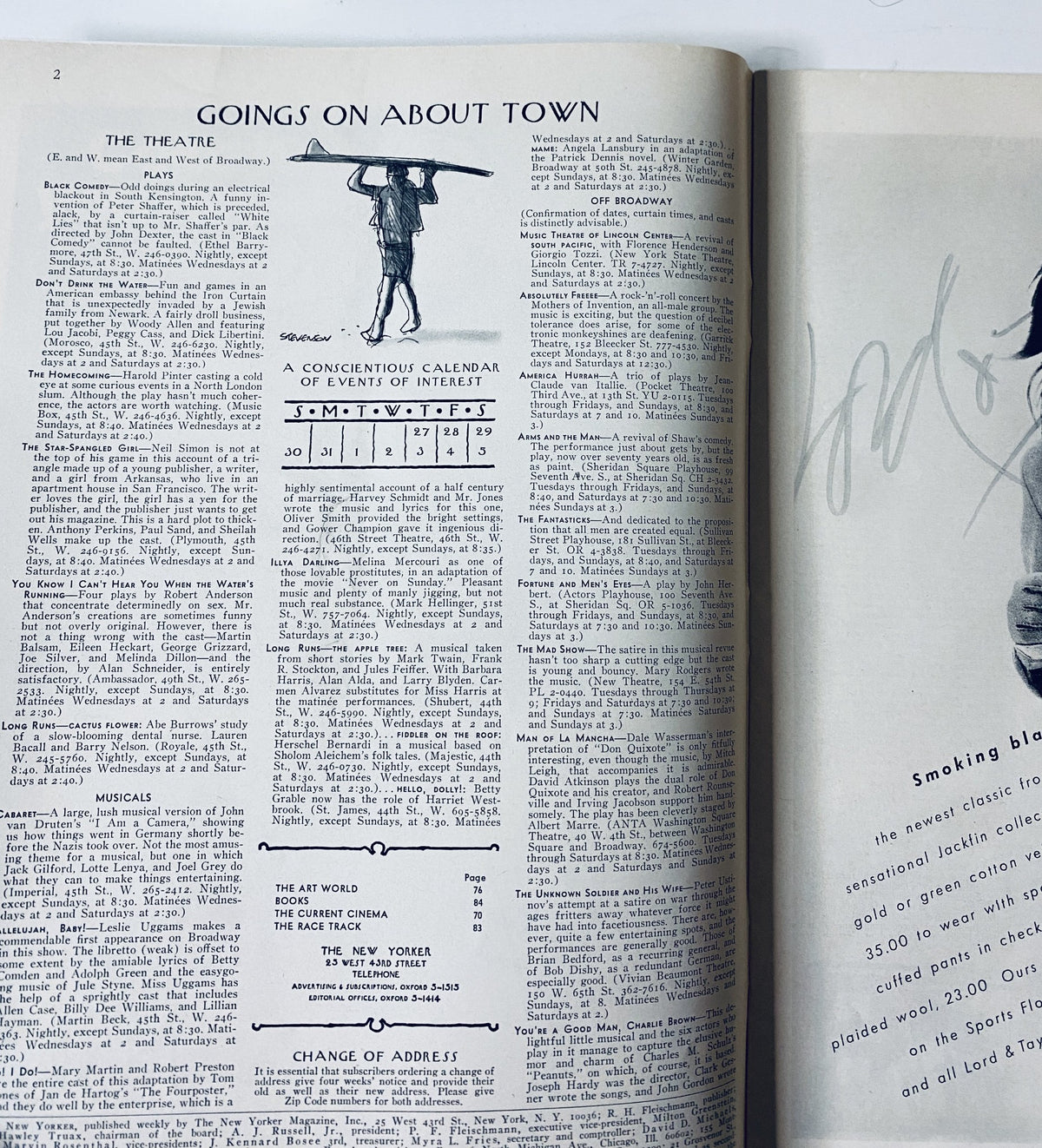 An interior page from The New Yorker Magazine July 29, 1967 showing the 'Goings On About Town' section, highlighting events of interest.