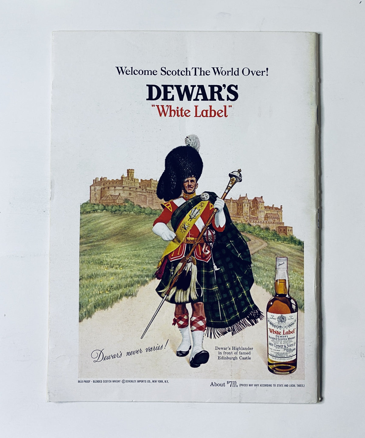 The back cover of The New Yorker Magazine July 29, 1967 advertising Dewar's 'White Label' Scotch with a Scottish piper illustration and castle backdrop.