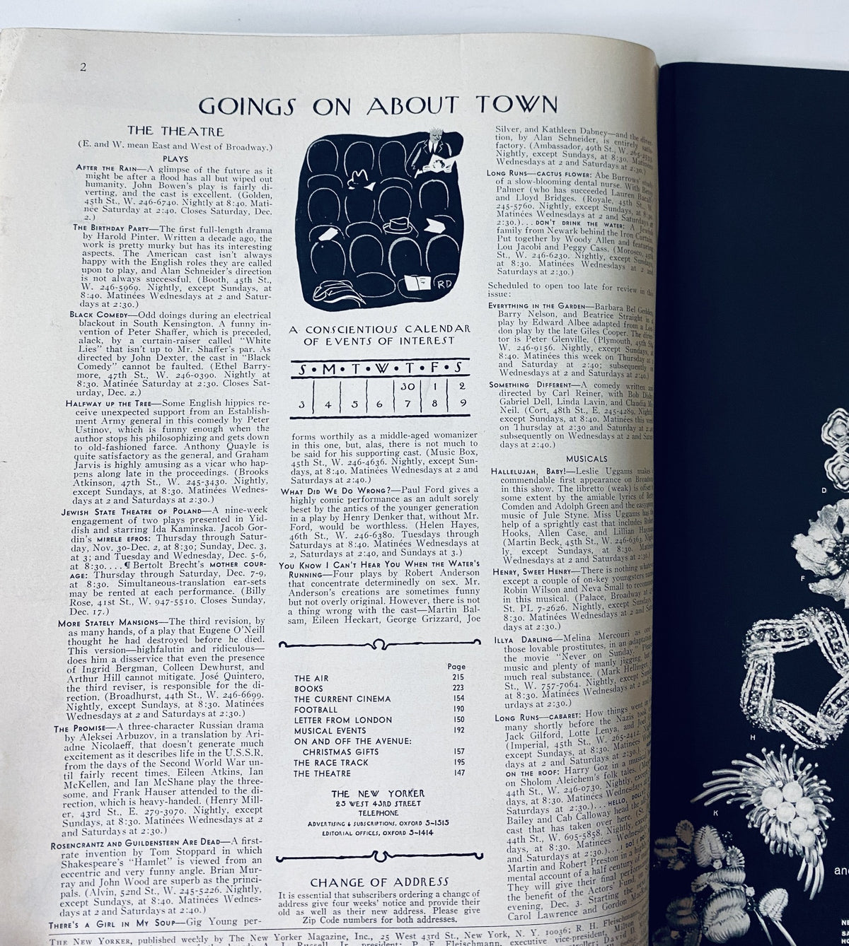 Interior page of The New Yorker Magazine from December 2, 1967, detailing 'Goings On About Town', with a comprehensive calendar of events and listings.
