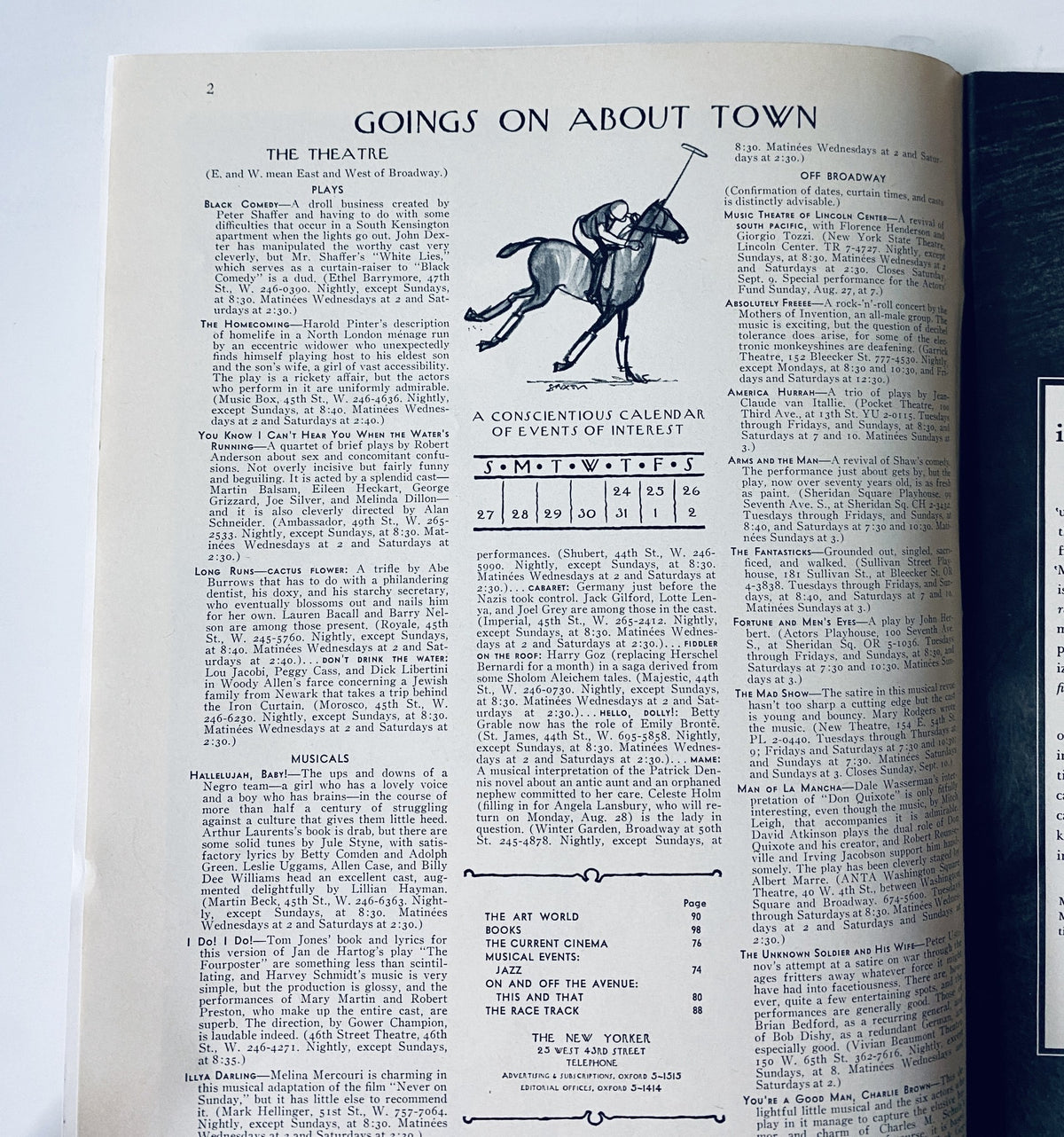 Interior page of The New Yorker Magazine August 26, 1967 displaying the 'Goings On About Town' section, featuring events and listings, along with classic typography.