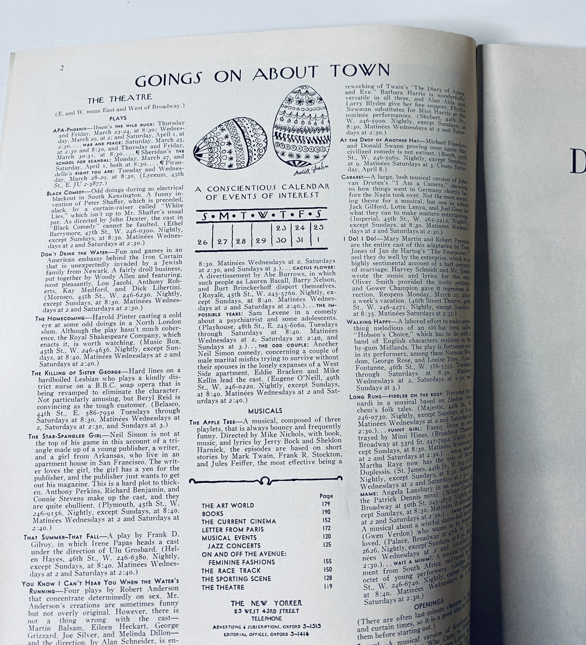 Interior page of The New Yorker Magazine March 25, 1967 titled 'Goings on About Town' featuring event listings.