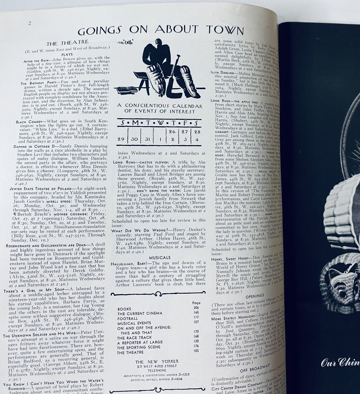 Inside page of The New Yorker magazine, showcasing the 'Goings On About Town' section with a calendar of events and the header 'THE THEATRE'.