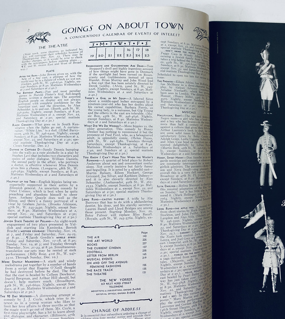 Inside page of The New Yorker Magazine from November 18, 1967, showcasing the 'Goings on About Town' calendar of events, including listings for theatre and musical events.
