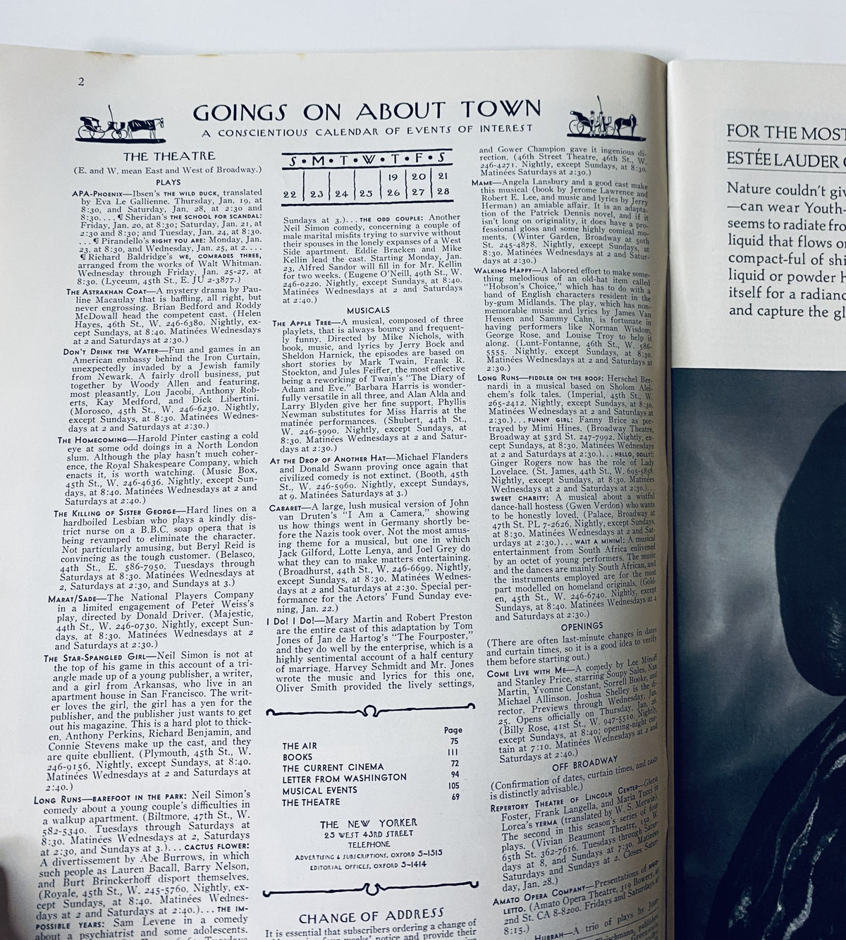 Inside page of The New Yorker Magazine, January 21, 1967, showing the 'Goings On About Town' section with theater and musical event listings.