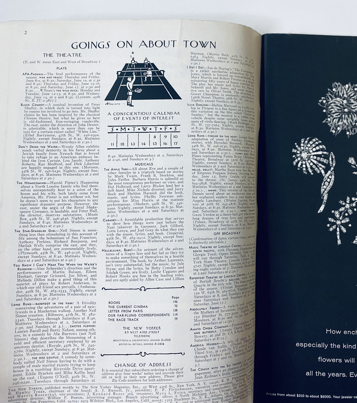 Interior page of The New Yorker Magazine June 10, 1967 displaying the 'Goings On About Town' section with a calendar of events and listings of theatre performances.