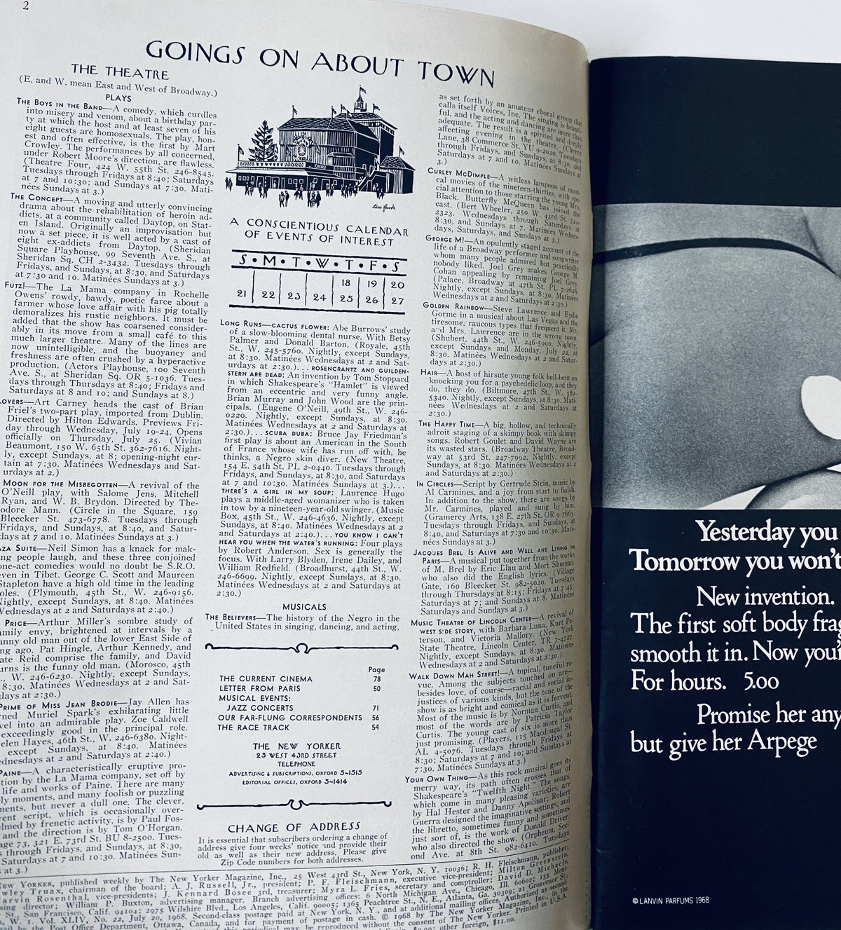 Inside spread of The New Yorker Magazine July 20, 1968, showcasing events calendar and theater listings.