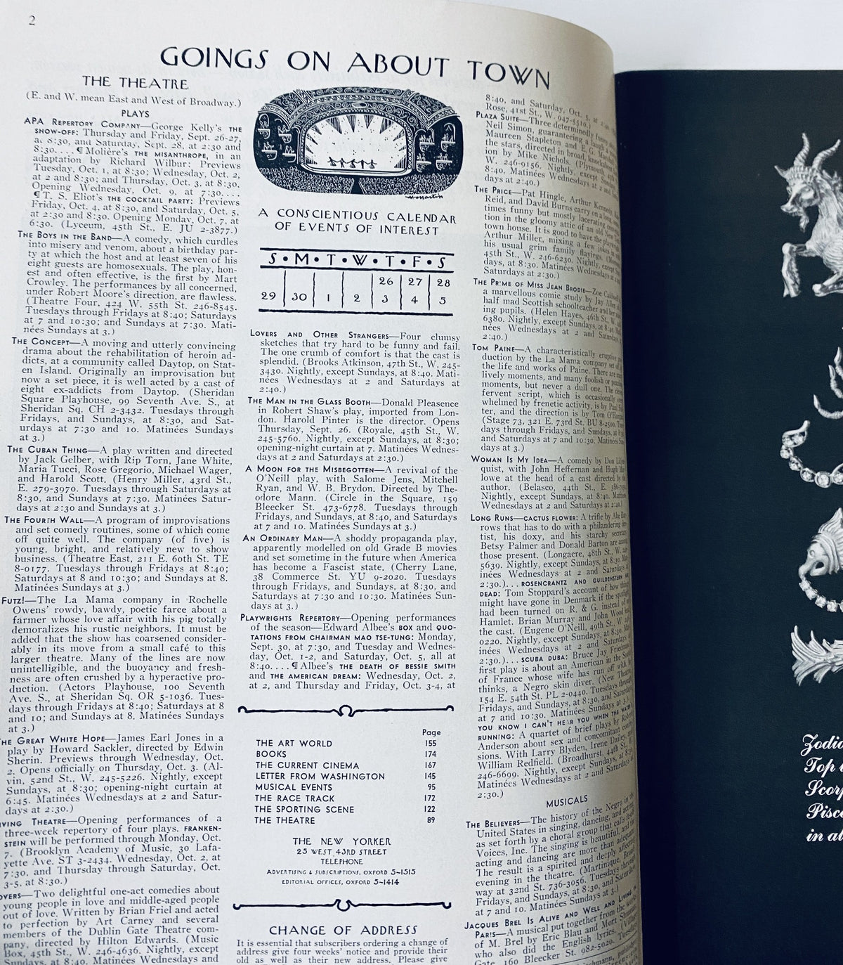 Interior page from The New Yorker Magazine September 28, 1968, displaying the 'Goes On About Town' section with a calendar of events and information about theatrical performances.