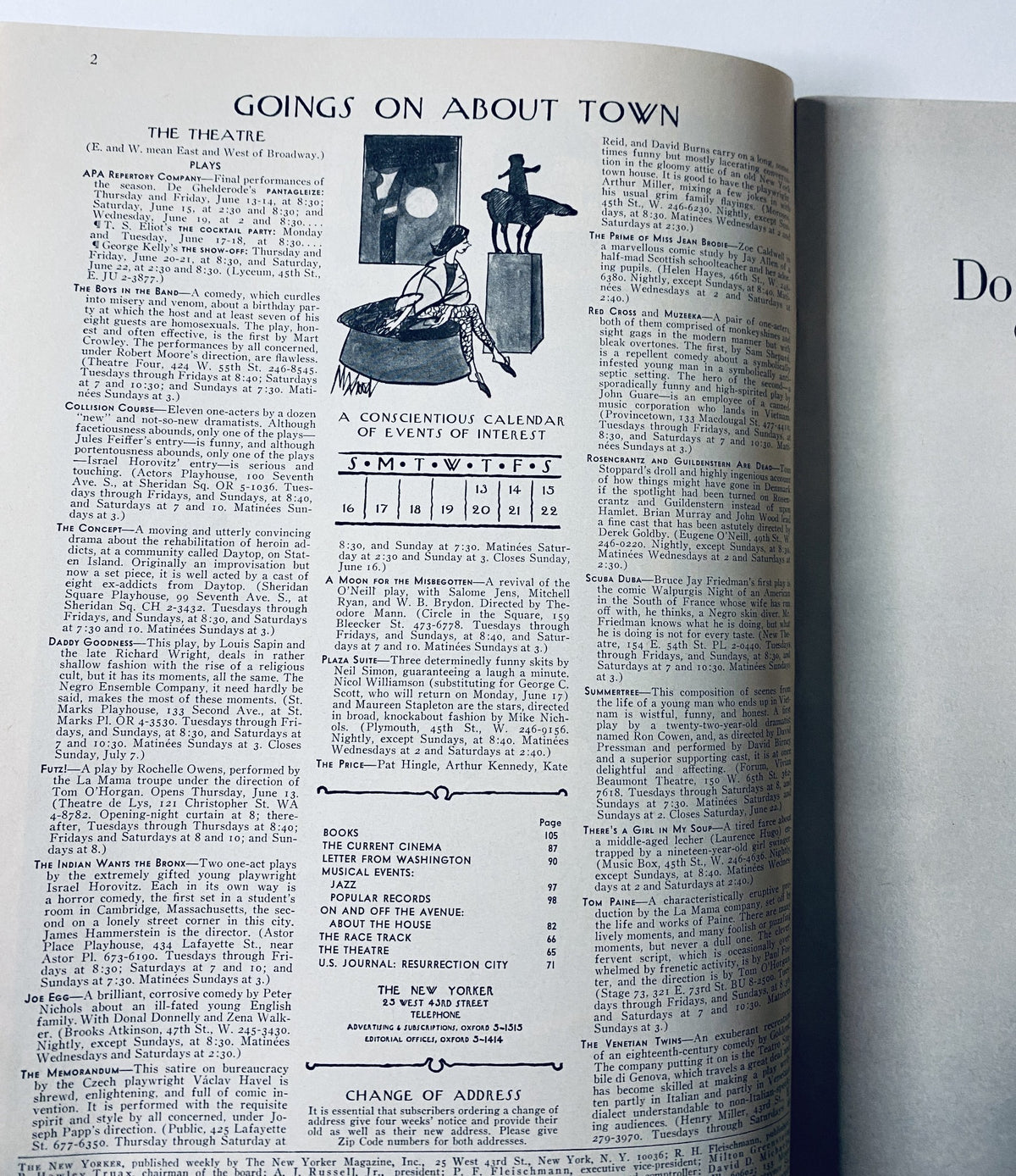 Inside page of The New Yorker Magazine June 15, 1968, displaying the 'Goings On About Town' section, featuring a calendar of cultural events and illustrations.