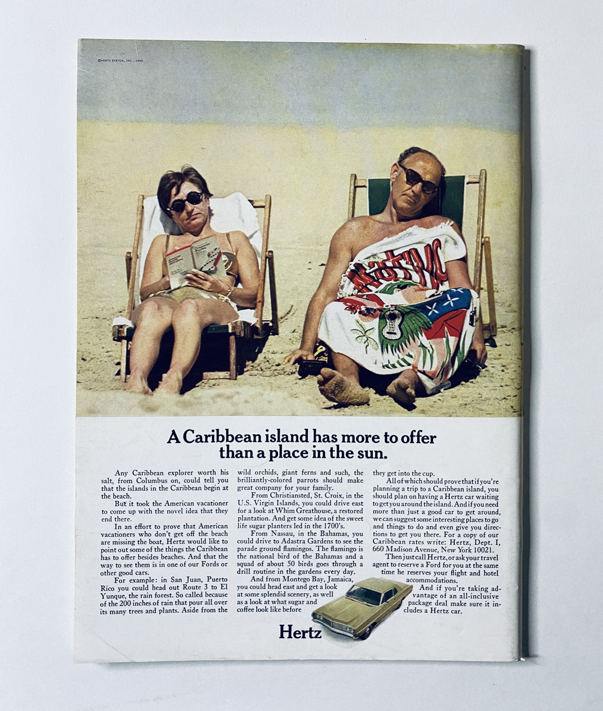 Vintage advertisement featuring two men relaxing on a beach while reading, with the caption 'A Caribbean island has more to offer than a place in the sun', promoting Hertz car rentals. The New Yorker Magazine June 15, 1968 Polar Bear Illustration Cover P. Arno VG.