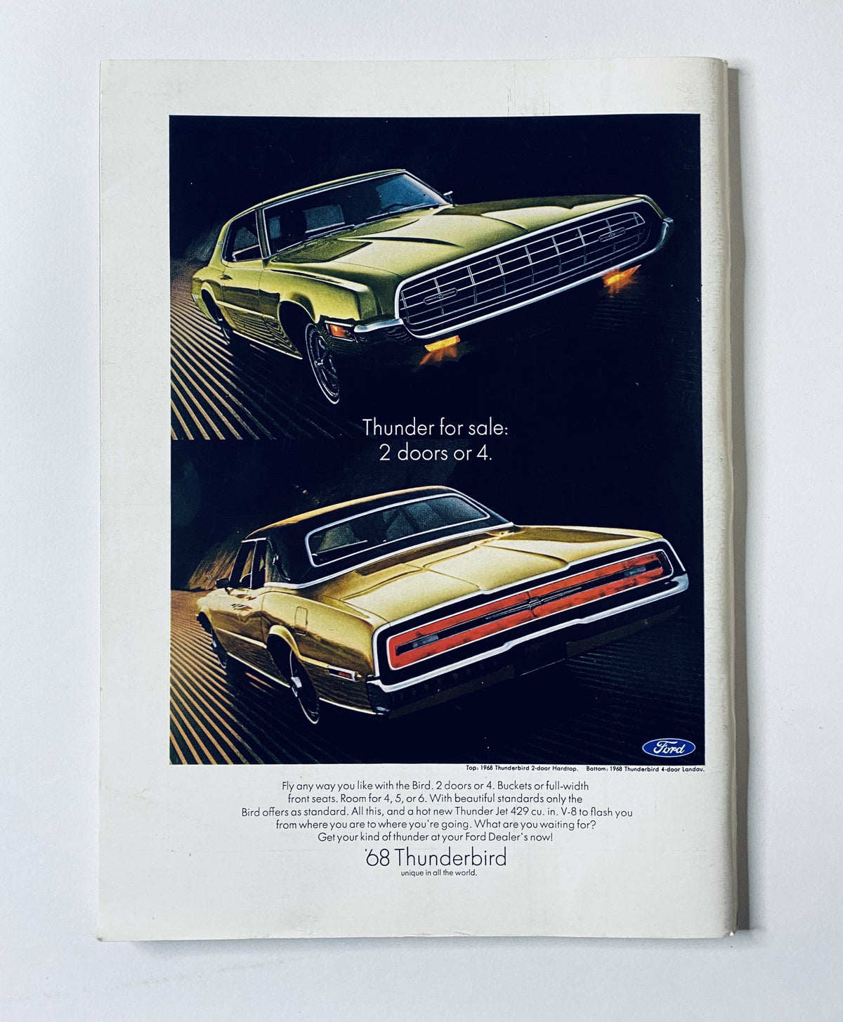 The New Yorker Magazine April 13, 1968 Window Flower Cover Art by Charles Martin, displaying a vintage Ford Thunderbird advertisement showcasing car features for sale.
